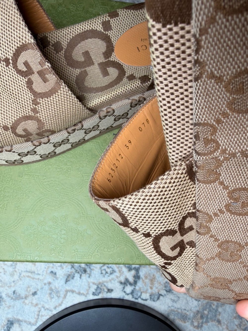 Gucci Camel & Ebony GG Canvas Platform Slides - Picture 10 of 15
